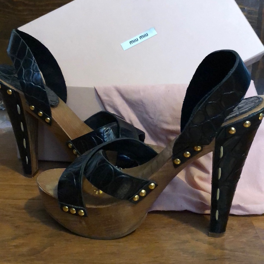 Miu Miu wood and leather heels with gold studs